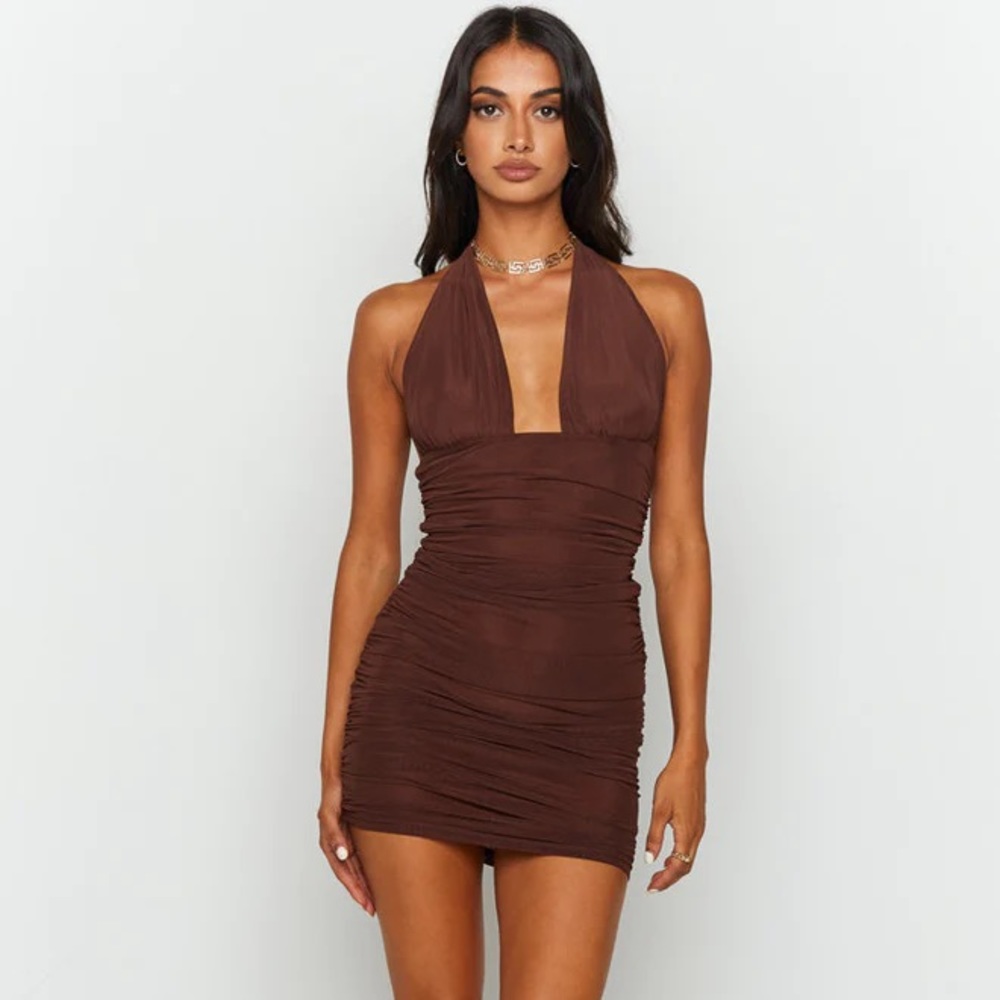 AU 10, US 6 - Beginning Boutique Brown Ruched Constance Mini Dress